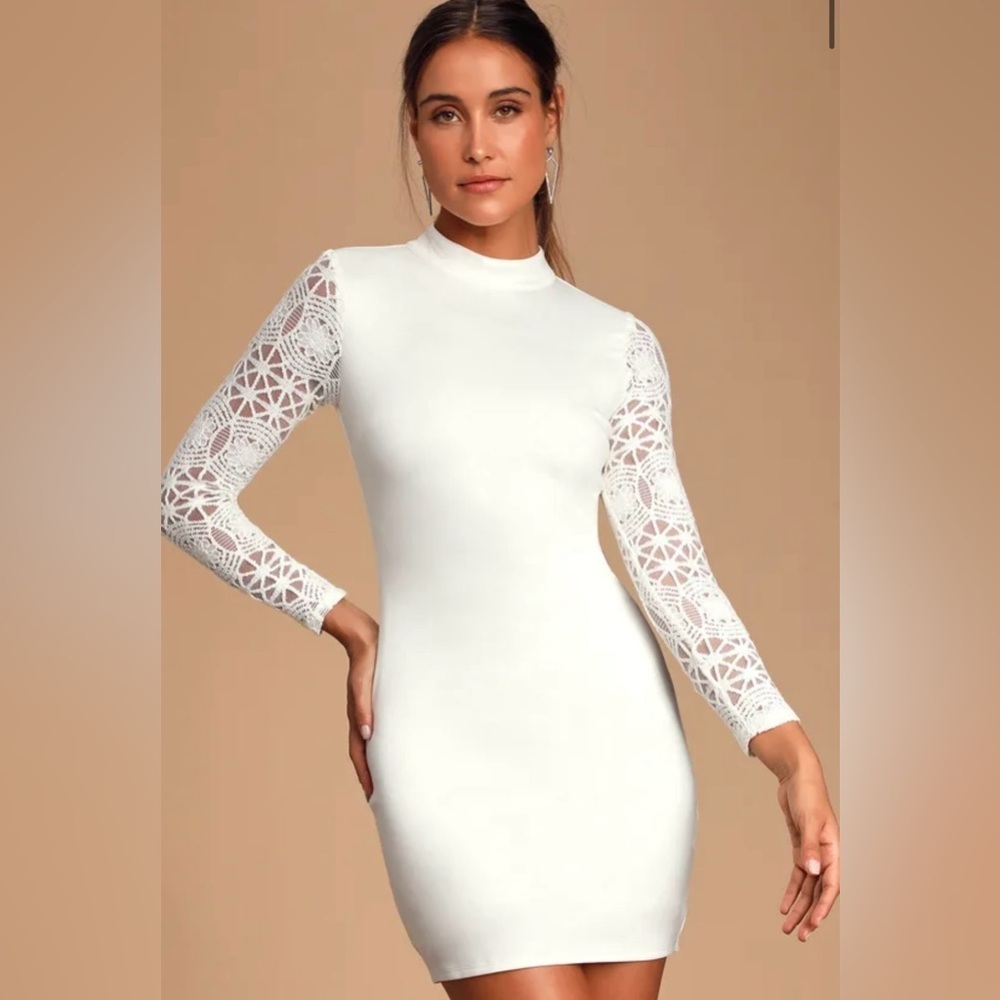 Women’s Lulu’s Lace Up Your Sleeve White Lace Long Sleeve Bodycon Dress Small